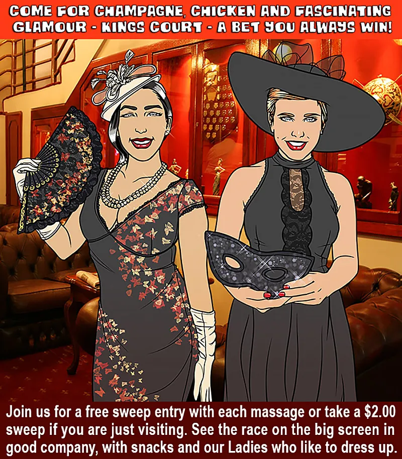 Melbourne Cup party at Kings Court: two ladies in racing hats and fascinators in the lounge